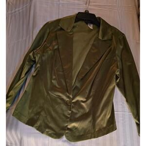 Women's Olive Green Satin Blazer Single Button Lapel Collar